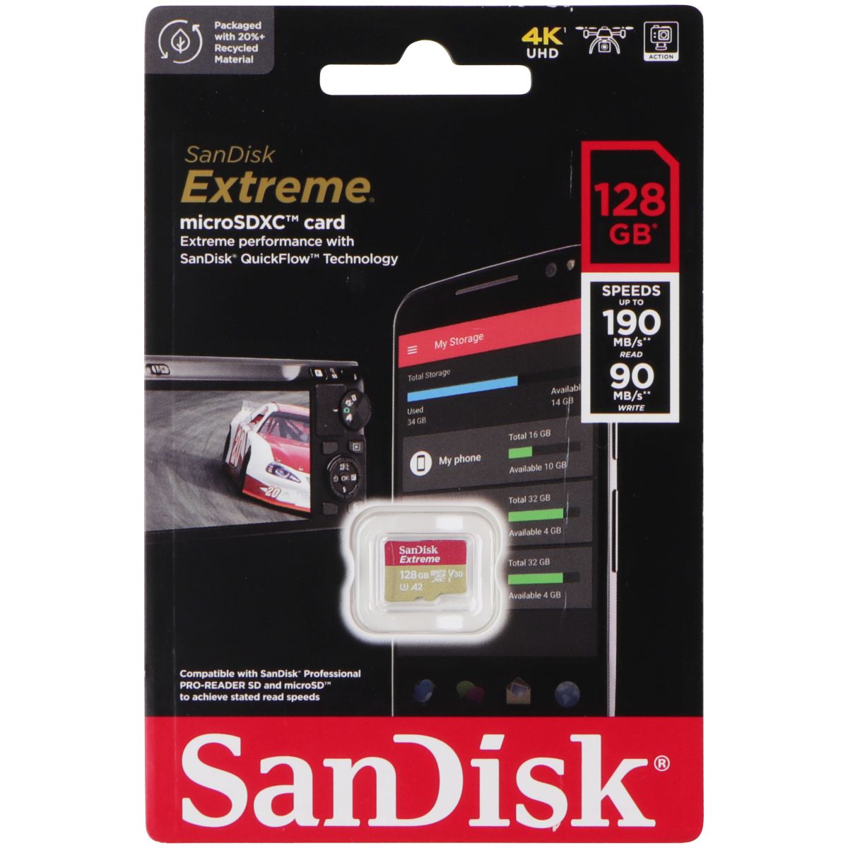 SanDisk Extreme microSDXC Memory Card (128GB) 4K UHD 190MB/s Read/90MB/s Write Digital Camera - Memory Cards SanDisk - Simple Cell Bulk Wholesale Pricing - USA Seller