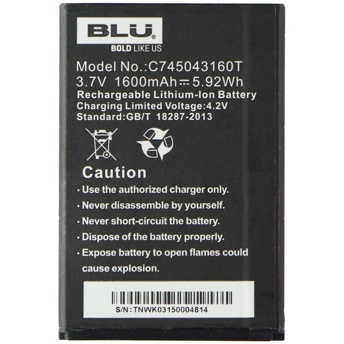 BLU (C745043160T) Lithium-Ion Battery (3.7V/5.92Wh/1600mAh) - Black Computer Parts - Power Supplies BLU - Simple Cell Bulk Wholesale Pricing - USA Seller