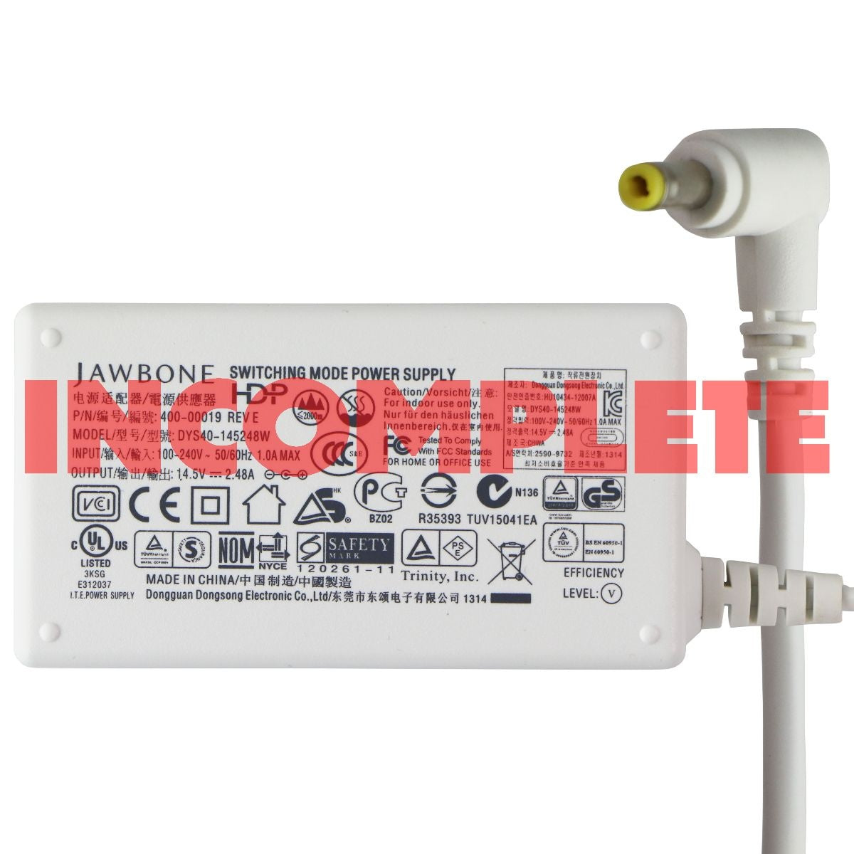 Jawbone (14.5V/2.48A) Switching Mode Power Supply (DYS40-145248W) / No Wall Plug Multipurpose Batteries & Power - Multipurpose AC to DC Adapters Jawbone - Simple Cell Bulk Wholesale Pricing - USA Seller