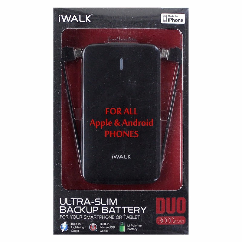 iWalk Ultra-Slim 3000mAh Backup Battery w/ Micro-USB and Cable for iPhone- Black Cell Phone - Chargers & Cradles iWalk - Simple Cell Bulk Wholesale Pricing - USA Seller