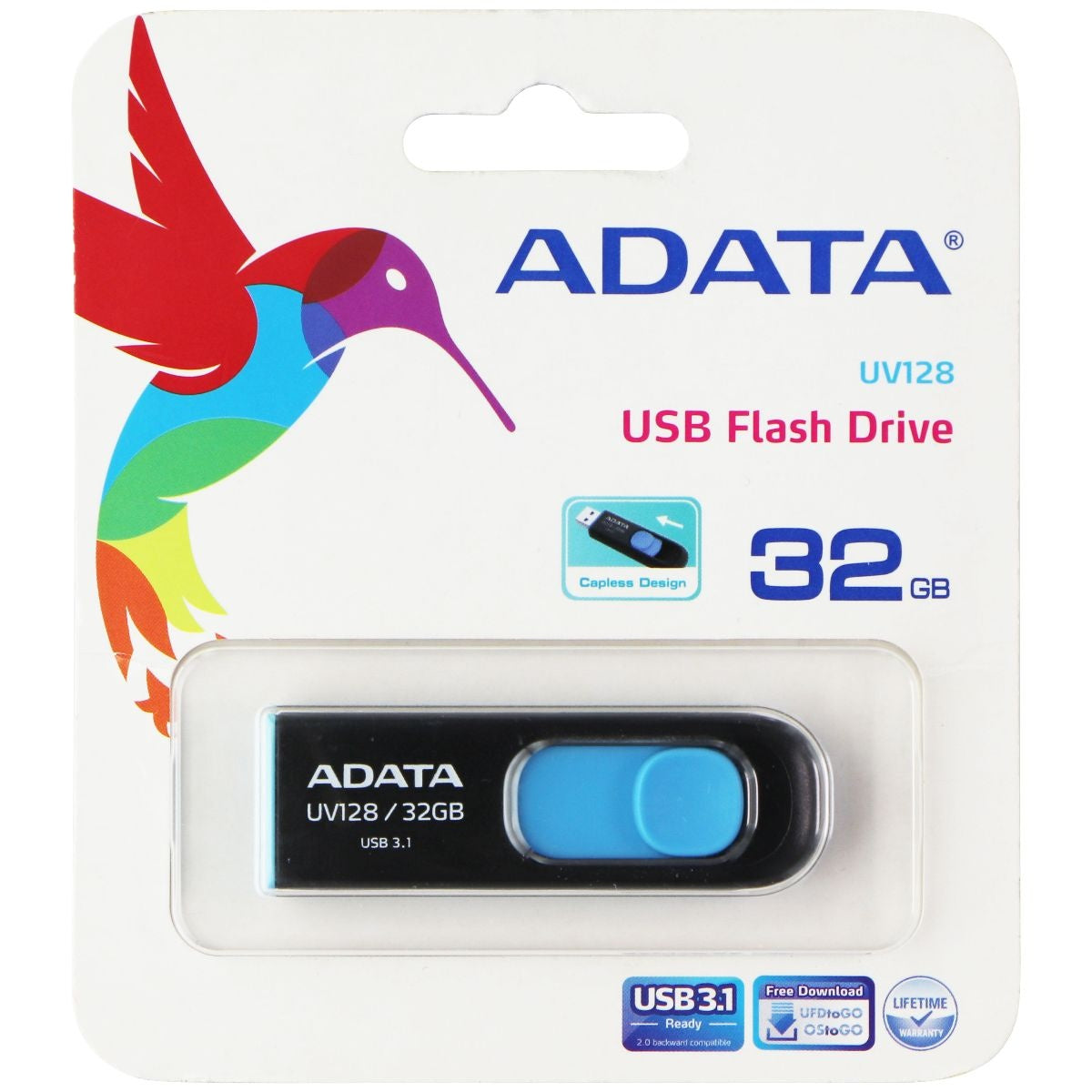 ADATA UV128 32GB USB 3.0 Retractable Capless Flash Drive, Blue (AUV128-32G-RBE) Digital Storage - USB Flash Drives ADATA - Simple Cell Bulk Wholesale Pricing - USA Seller