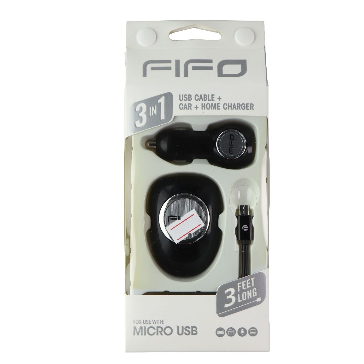 FIFO 3-in-1 (3-Ft) Micro-USB Cable with Car and Wall Adapters - Black Cell Phone - Chargers & Cradles FIFO - Simple Cell Bulk Wholesale Pricing - USA Seller