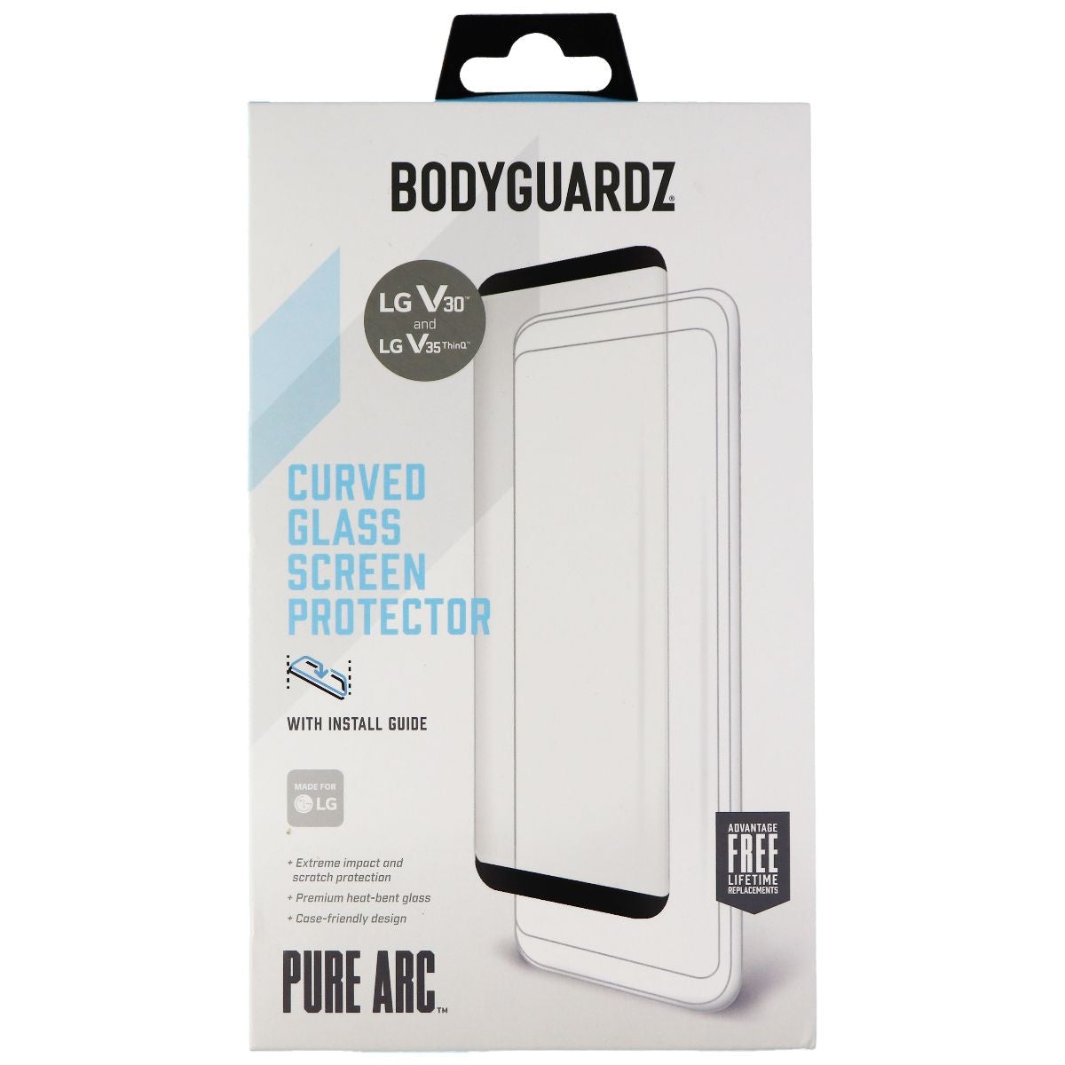 BodyGuardz Pure Arc Tempered Glass Screen for LG V30/LG V35 ThinQ - Clear/Black Cell Phone - Screen Protectors BODYGUARDZ - Simple Cell Bulk Wholesale Pricing - USA Seller