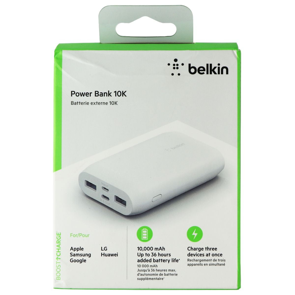 Belkin Portable Power Bank Charger 10K with USB-C and Dual USB Ports - White Cell Phone - Chargers & Cradles Belkin - Simple Cell Bulk Wholesale Pricing - USA Seller