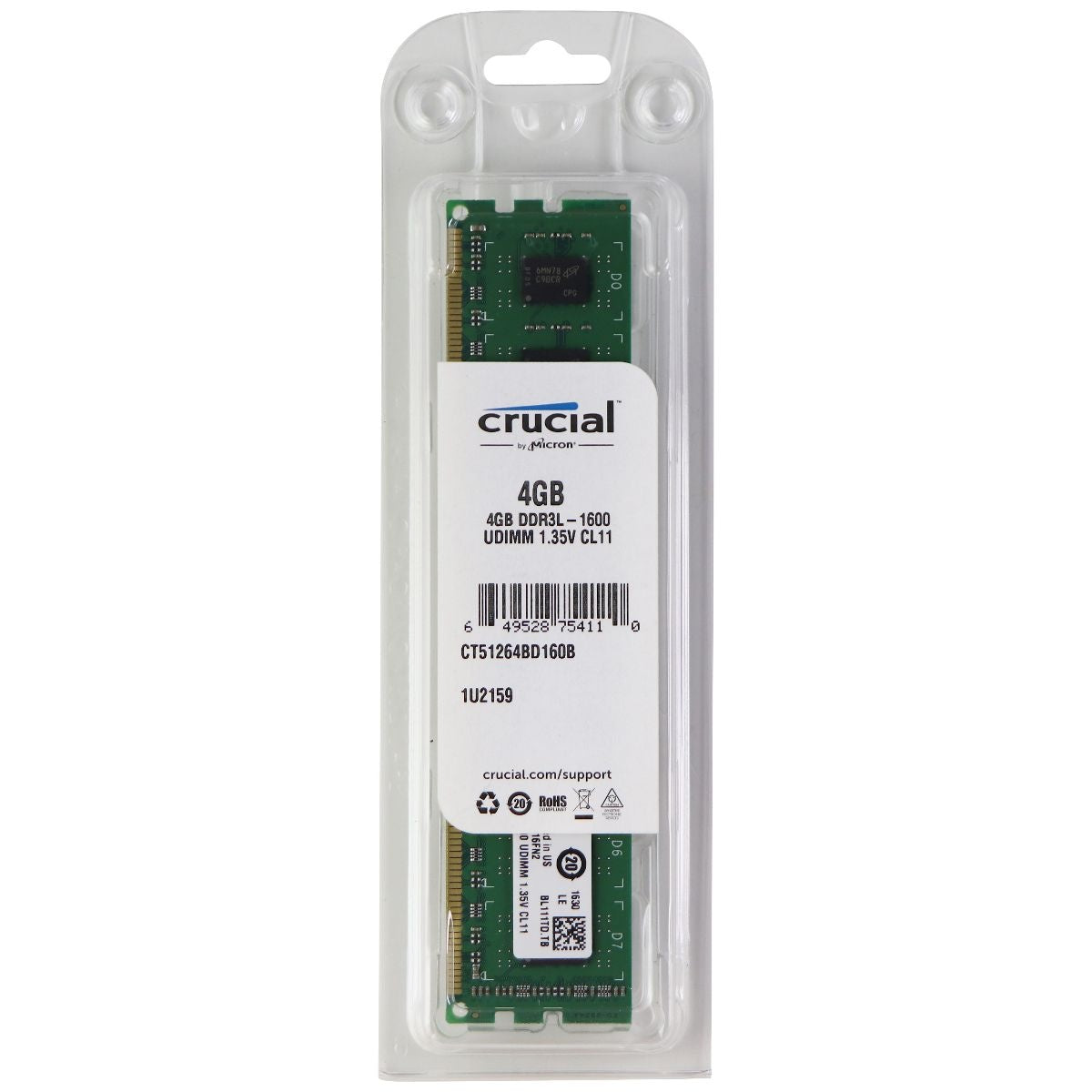 Crucial RAM 4GB DDR3L 1.35V 1600 MHz CL11 Desktop Memory CT51264BD160B Computer Parts - Memory (RAM) Crucial - Simple Cell Bulk Wholesale Pricing - USA Seller