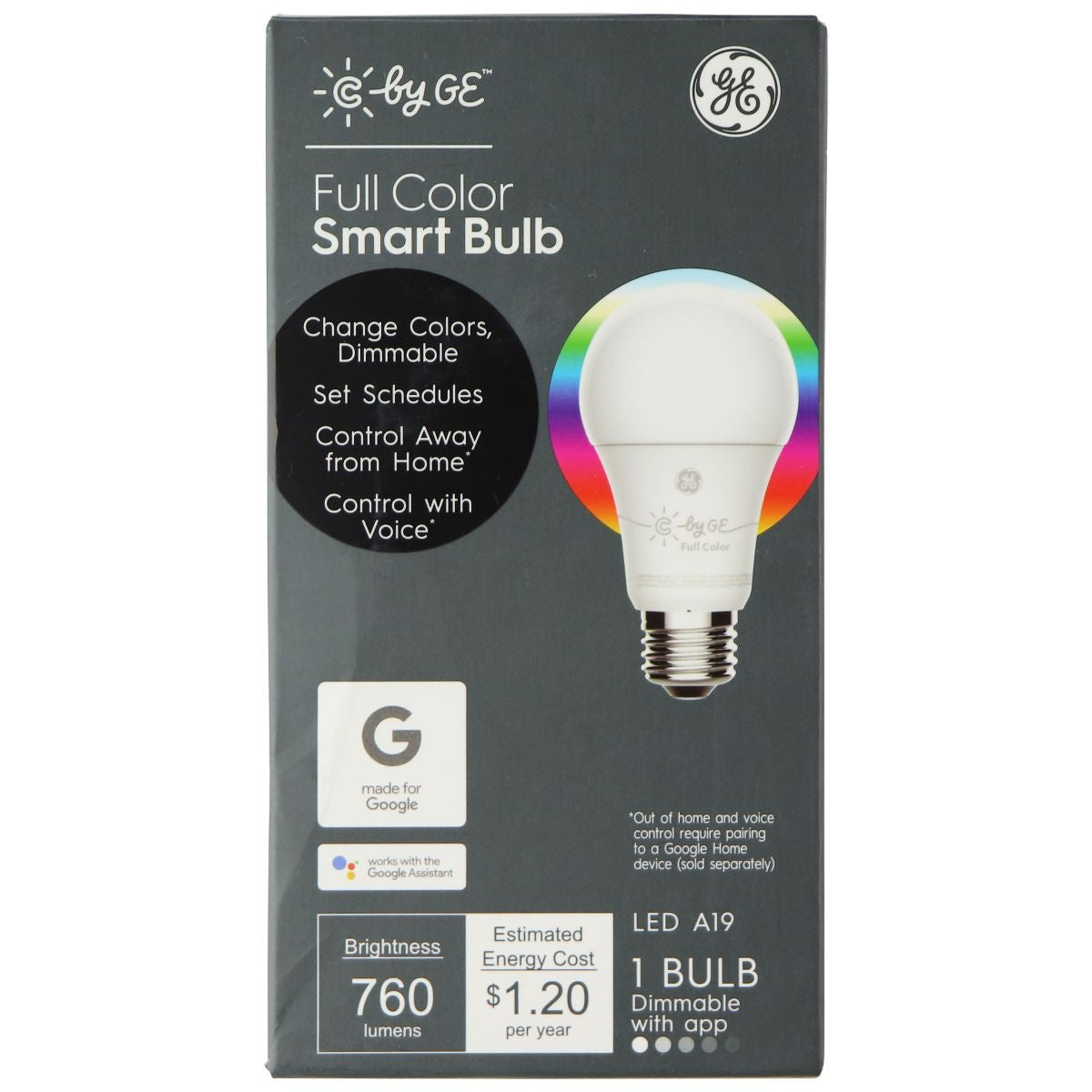 GE Full Color LED A19 Smart Bulb with App Control and Works with Google (60Watt) Camera Accessories - Light Bulbs & Tubes GE Lighting - Simple Cell Bulk Wholesale Pricing - USA Seller