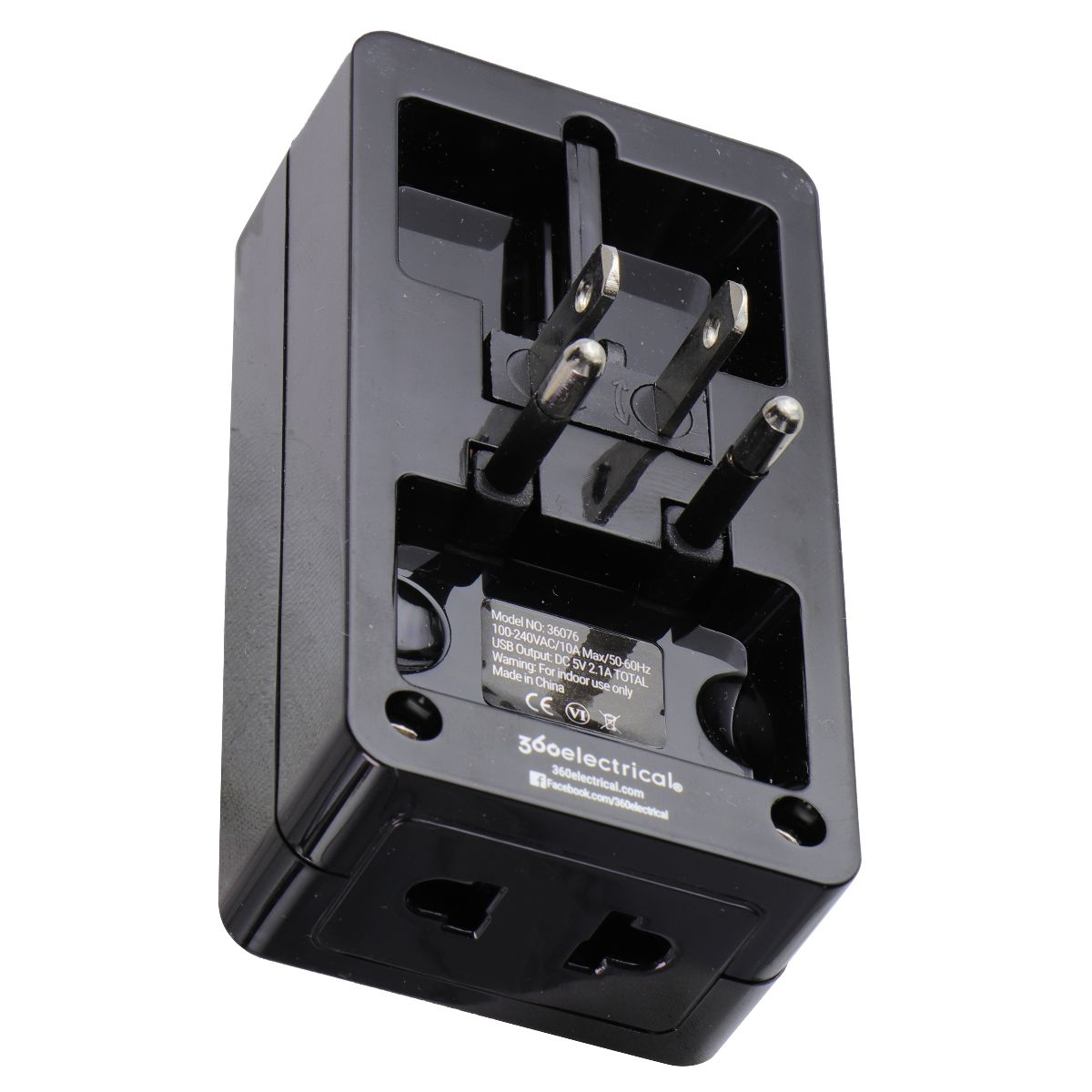 360 Electrical 2 Outlet Adapter 2.1A USB for US/China/Israel/UK/EU - Black