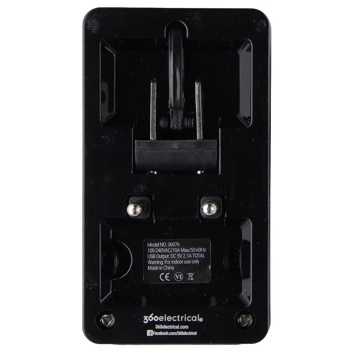 360 Electrical 2 Outlet Adapter 2.1A USB for US/China/Israel/UK/EU - Black