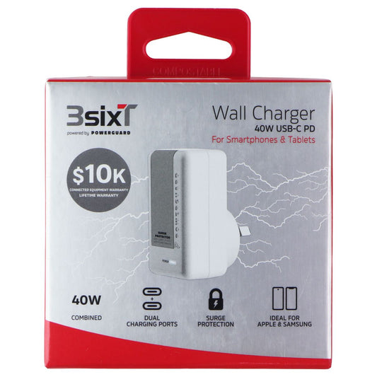 3SIXT PowerGuard Surge Protector 40W Dual USB-C PD Wall Charger - White (AU)