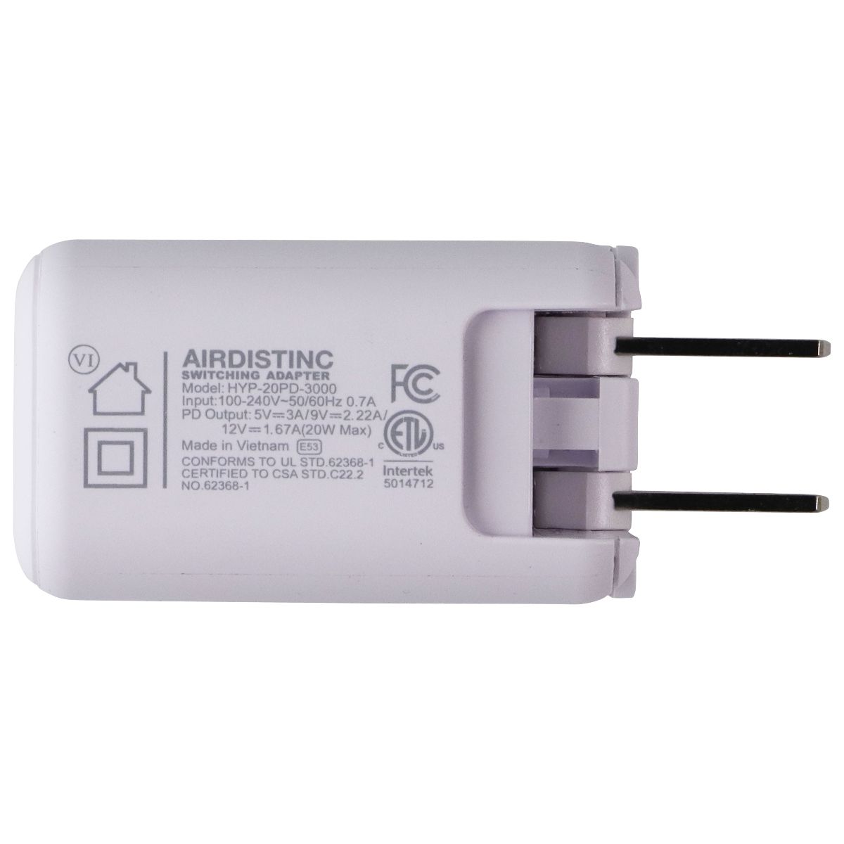 AIRDISTINC 20-Watt 5v/3a Single Port USB-C Wall Charger - White (HYP-20PD-3000)