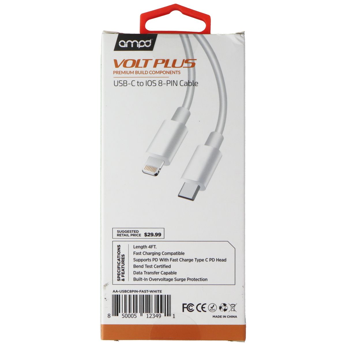 Ampd Volt Plus - (4-Ft) USB-C to Lightning 8-Pin Charge/Sync Cable - White Cell Phone - Cables & Adapters Ampd    - Simple Cell Bulk Wholesale Pricing - USA Seller
