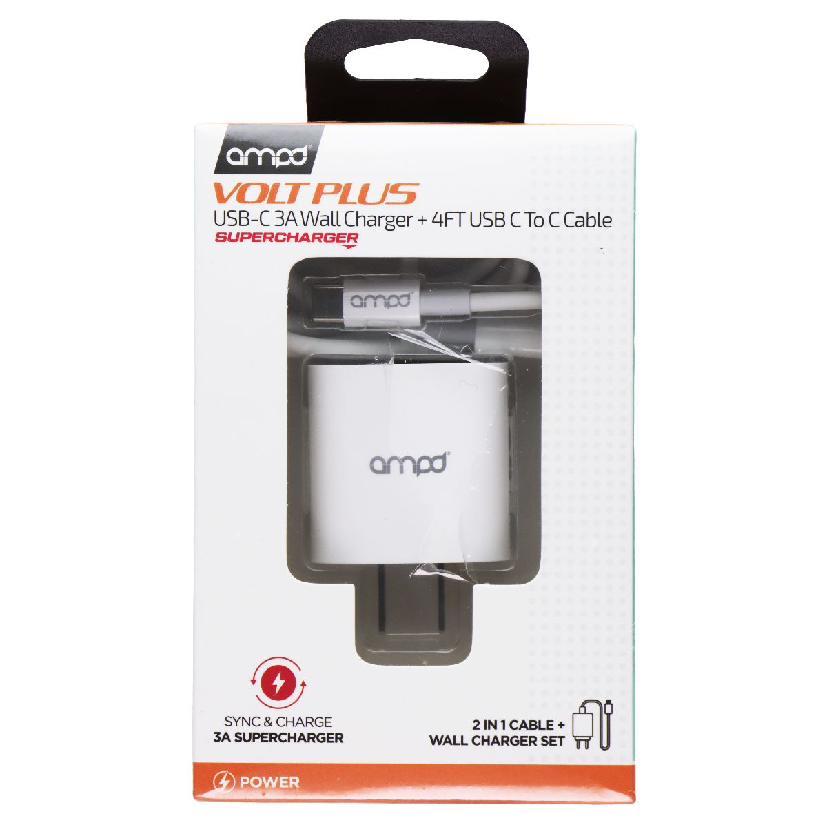 AMPD Volt Plus USB-C 3A Wall Charger & 4FT USB-C to USB-C Cable - White Cell Phone - Chargers & Cradles Ampd    - Simple Cell Bulk Wholesale Pricing - USA Seller