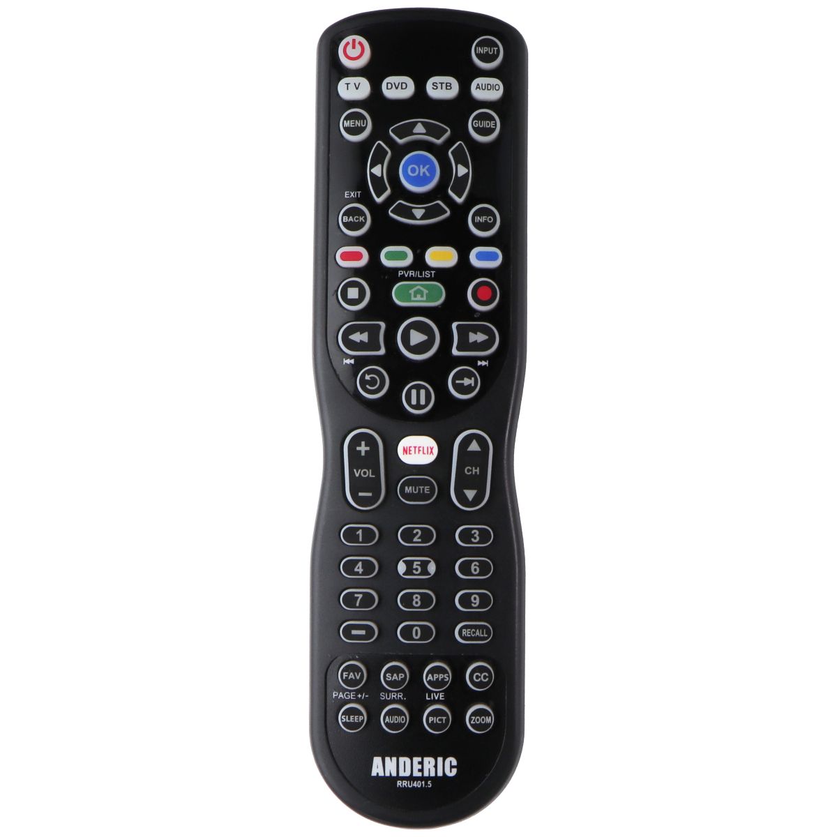 Anderic Universal Remote Control (RRU401.5) with Backlight - Black TV, Video & Audio Accessories - Remote Controls Anderic    - Simple Cell Bulk Wholesale Pricing - USA Seller