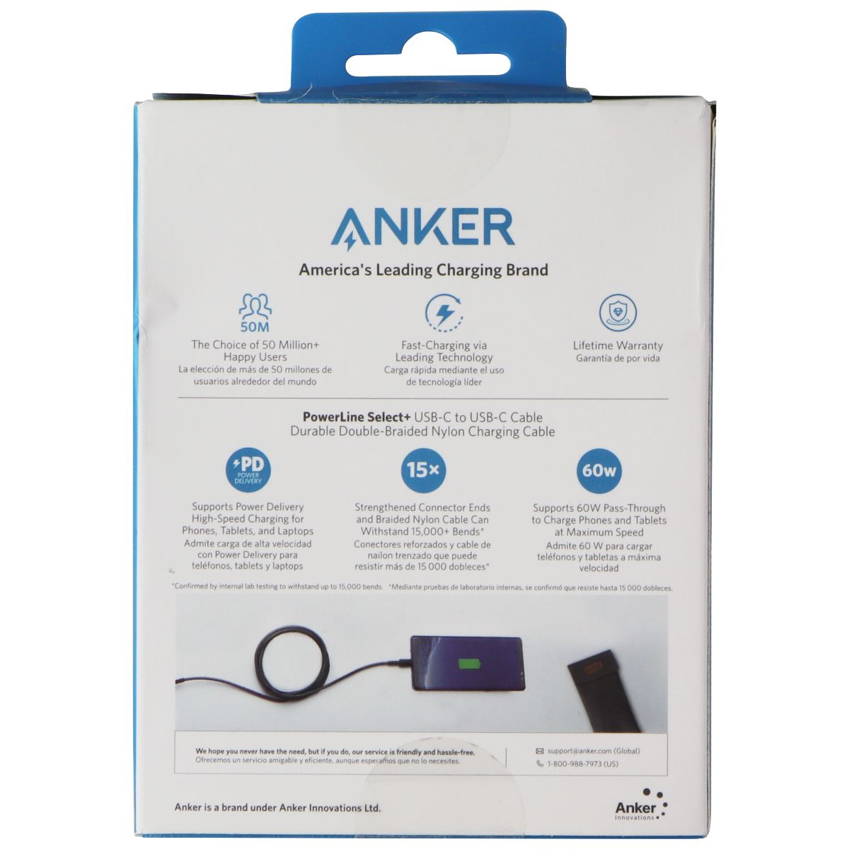 Anker 6 FT 60W Powerline Select+ Usb-C To Usb-C Cable - Black Cell Phone - Cables & Adapters Anker    - Simple Cell Bulk Wholesale Pricing - USA Seller