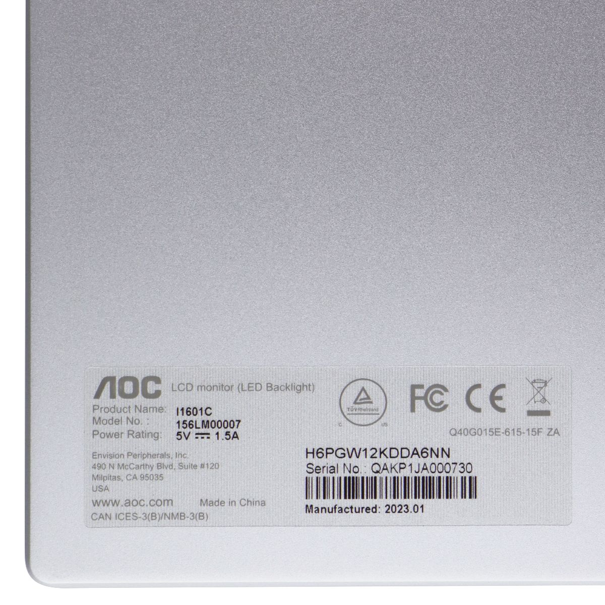 AOC I1601C 15.6-in USB-C Powered Portable Full HD LCD Monitor - Black