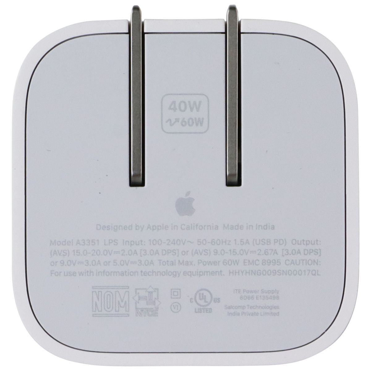 Apple Official 40W Dynamic Power Adapter (USB-C) with 60W Max - White (A3351)
