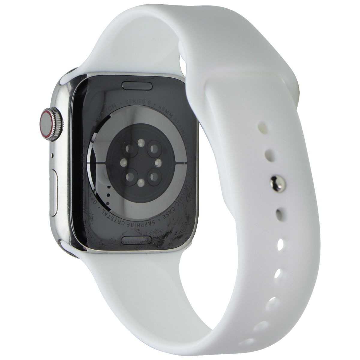 Apple Watch Series 8 (45mm/A2774) GPS+LTE - Silver SS/White Sp Band - FULL SET Smart Watches Apple - Simple Cell Bulk Wholesale Pricing - USA Seller