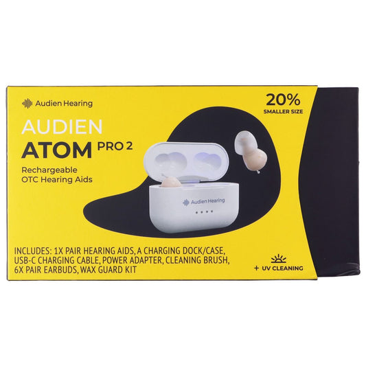 Audien Atom Pro 2 Rechargeable OTC Hearing Aids + UV Cleaning - White