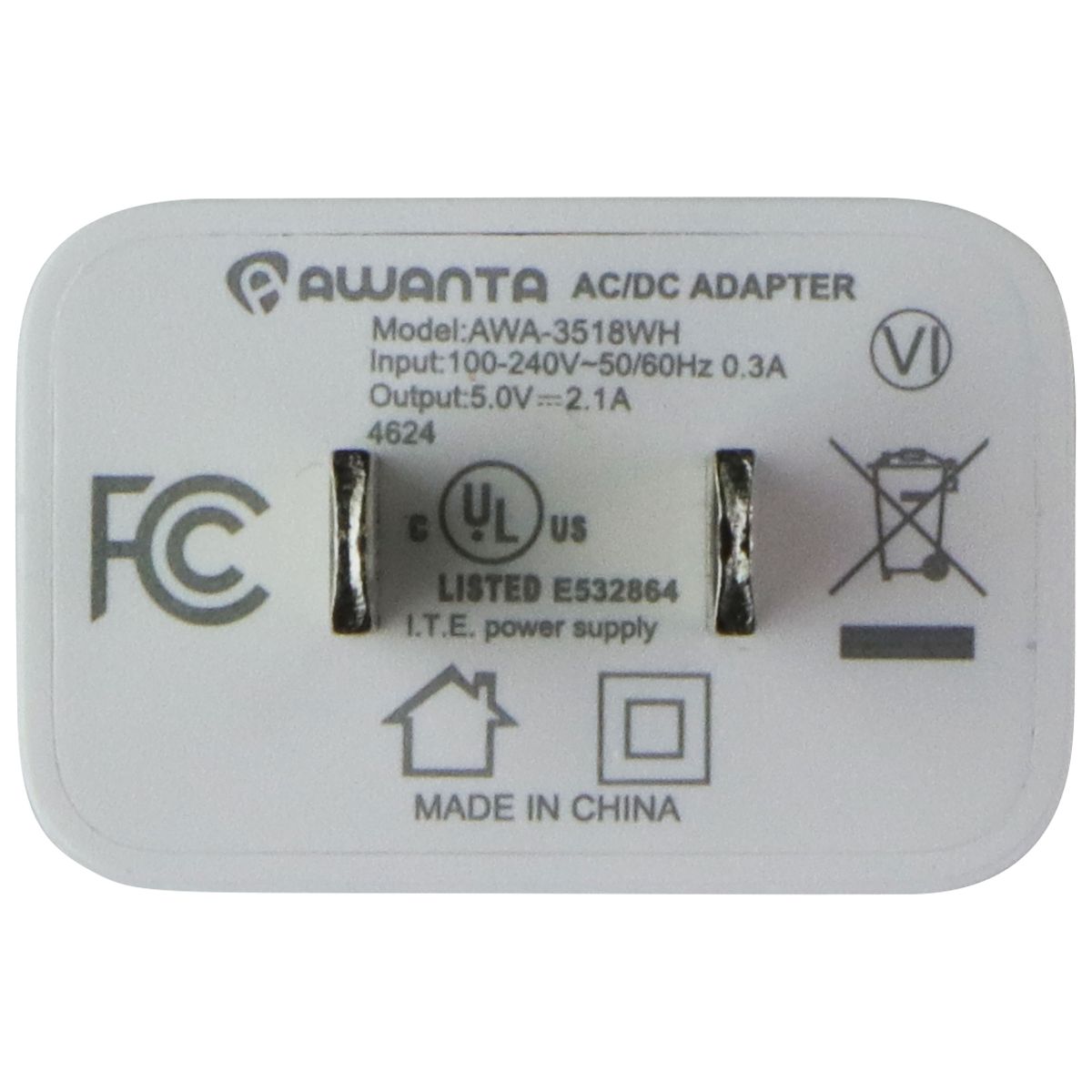 Awanta 5V/2.1A USB-A AC/DC Adapter Wall Charger (AWA-3518WH) - White Cell Phone - Chargers & Cradles Awanta - Simple Cell Bulk Wholesale Pricing - USA Seller