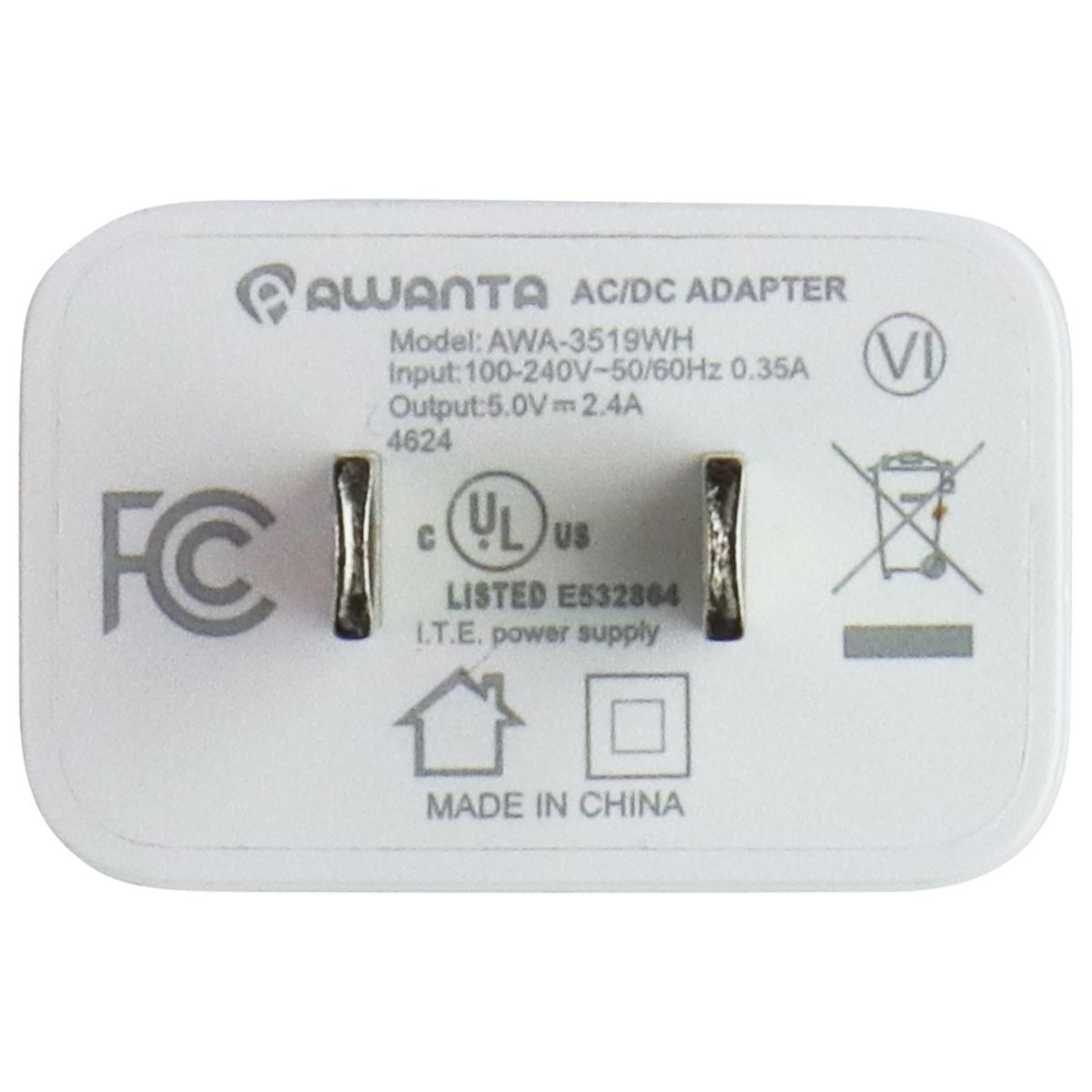 Awanta Single Port (5V/2.4A) USB-A Wall Charger (AWA-3519WH) - White Cell Phone - Chargers & Cradles Awanta - Simple Cell Bulk Wholesale Pricing - USA Seller