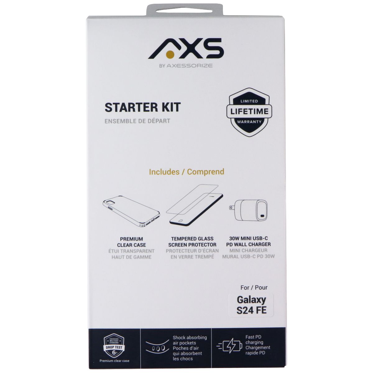 AXS Starter Kit (Case + Glass + Charger) for Samsung Galaxy S24 FE - Clear Cell Phone - Cases, Covers & Skins AXS - Simple Cell Bulk Wholesale Pricing - USA Seller