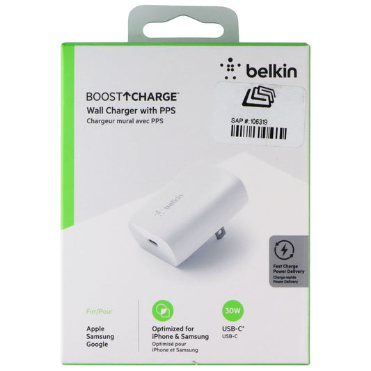 Belkin BoostCharge (30W) USB-C Wall Charger with PPS - White Cell Phone - Chargers & Cradles Belkin - Simple Cell Bulk Wholesale Pricing - USA Seller