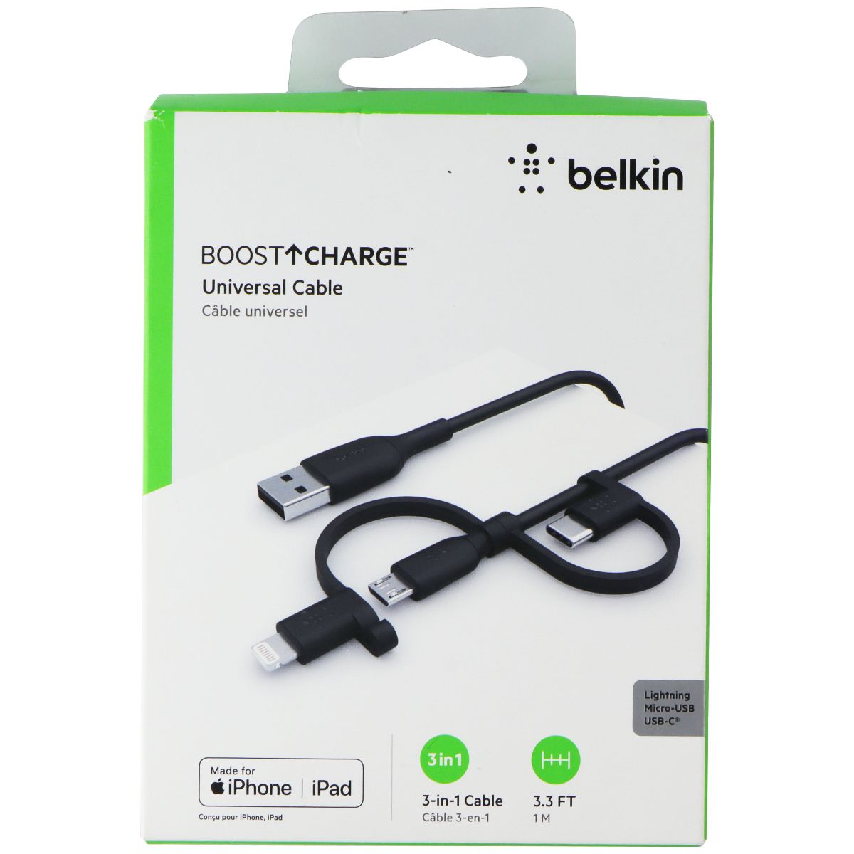 Belkin BoostUp Charge (3.3-Ft) Universal 3-in-1 MFi USB Cable - Black Cell Phone - Cables & Adapters Belkin    - Simple Cell Bulk Wholesale Pricing - USA Seller