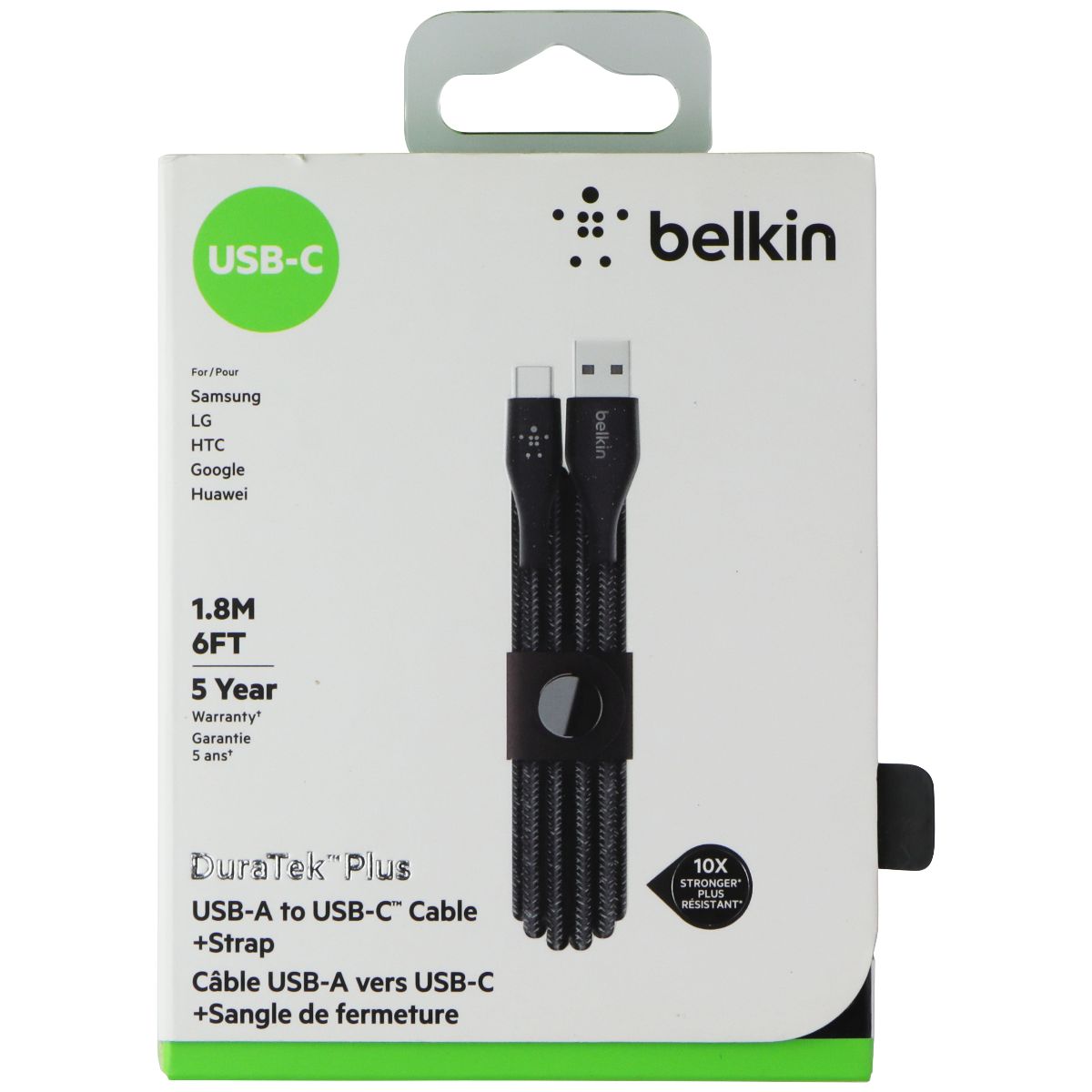 Belkin DuraTek Plus 6FT USB-A to USB-C Cable with Leather Strap - Black Cell Phone - Cables & Adapters Belkin    - Simple Cell Bulk Wholesale Pricing - USA Seller