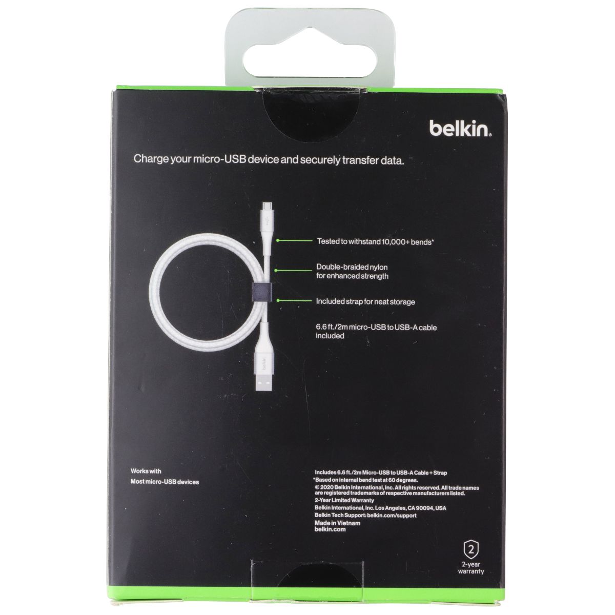 Belkin (2m/6.6ft) BoostCharge Braided Micro-USB to USB-A Cable + Strap - White Cell Phone - Cables & Adapters Belkin - Simple Cell Bulk Wholesale Pricing - USA Seller