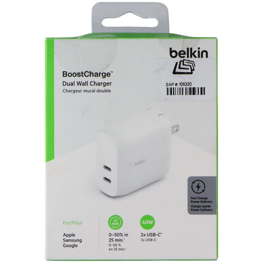 Belkin BoostCharge 40W Dual Port USB-C Wall Charger - White Cell Phone - Chargers & Cradles Belkin - Simple Cell Bulk Wholesale Pricing - USA Seller