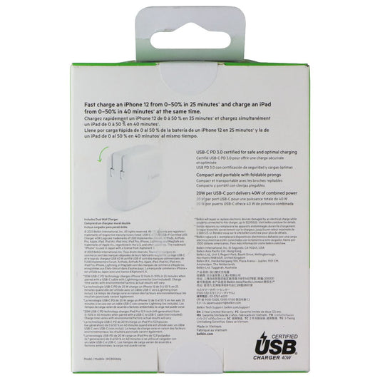 Belkin BoostCharge 40W Dual Port USB-C Wall Charger - White Cell Phone - Chargers & Cradles Belkin - Simple Cell Bulk Wholesale Pricing - USA Seller