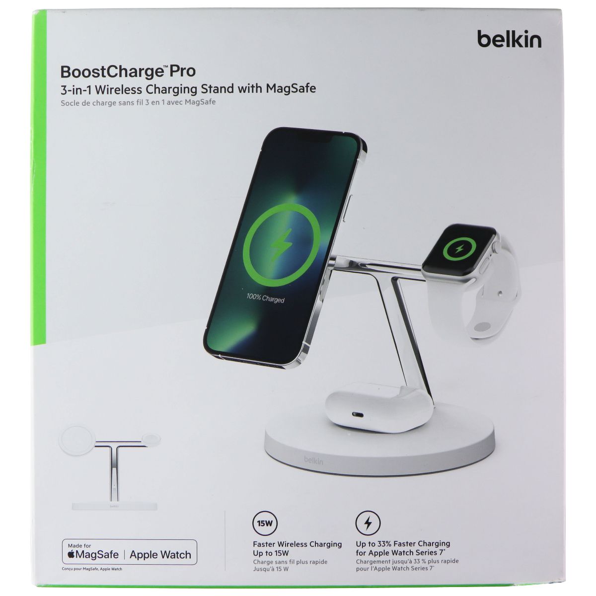 Belkin BoostCharge Pro 3-in-1 Wireless Charging Stand w/ MagSafe - White Cell Phone - Chargers & Cradles Belkin - Simple Cell Bulk Wholesale Pricing - USA Seller