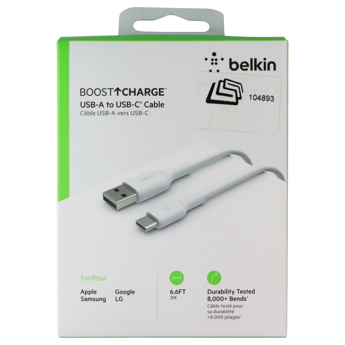 Belkin BoostCharge 6.6 Foot USB-A to USB-C Cable - White Cell Phone - Cables & Adapters Belkin - Simple Cell Bulk Wholesale Pricing - USA Seller