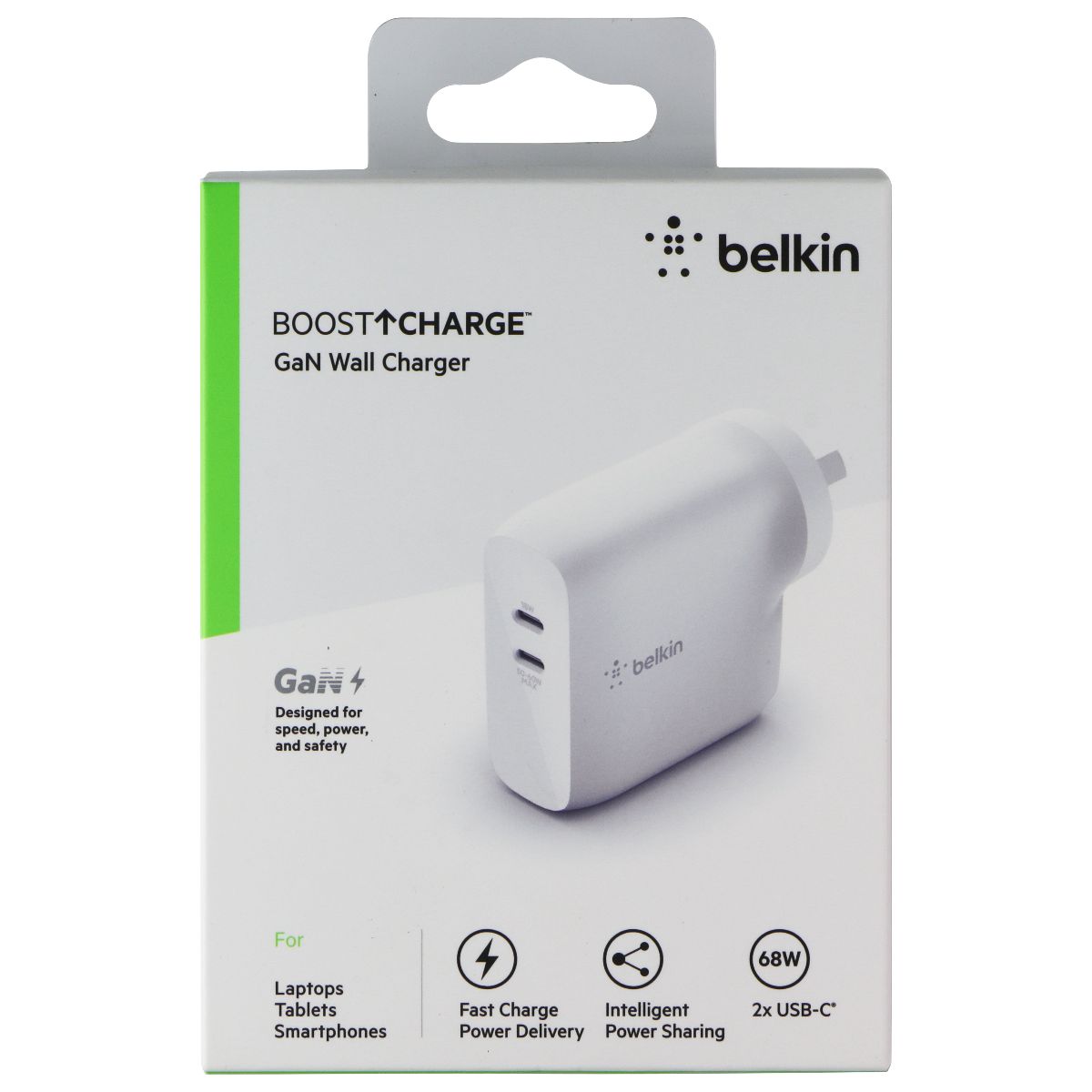 Belkin BoostCharge 68W Dual Port (USB-C) GaN Wall Charger (AU Plug) - White Cell Phone - Chargers & Cradles Belkin - Simple Cell Bulk Wholesale Pricing - USA Seller