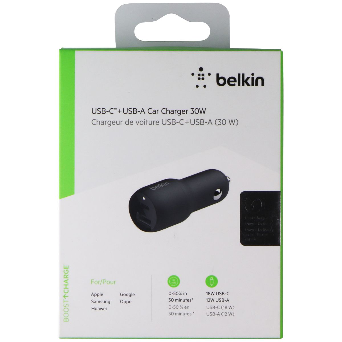 Belkin (30W) Dual-Port USB-A and USB-C Fast Charge Car Charger - Black (F7U100) Cell Phone - Chargers & Cradles Belkin    - Simple Cell Bulk Wholesale Pricing - USA Seller