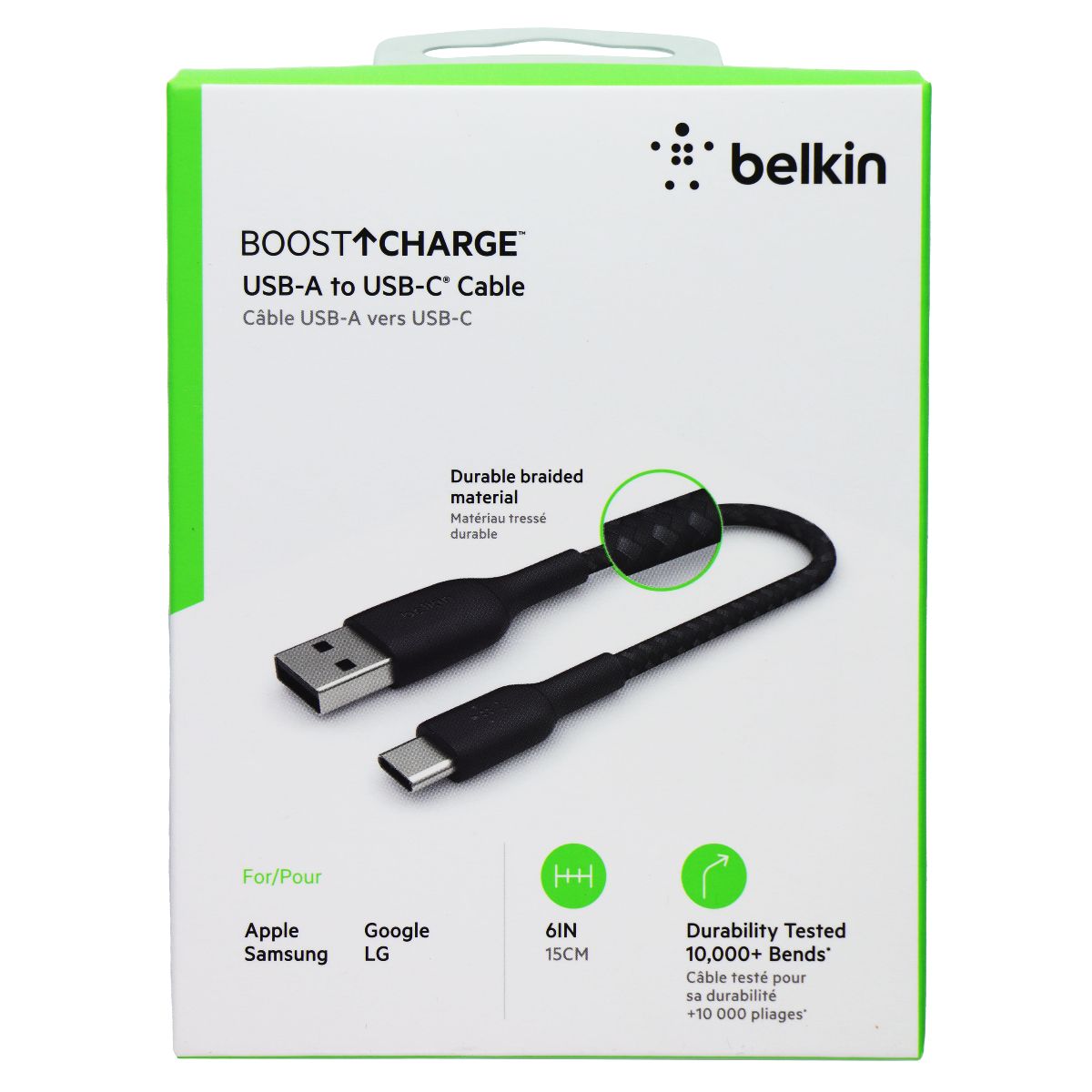 Belkin BoostCharge 6-inch USB-A to USB-C Braided Cable - Black Cell Phone - Cables & Adapters Belkin - Simple Cell Bulk Wholesale Pricing - USA Seller