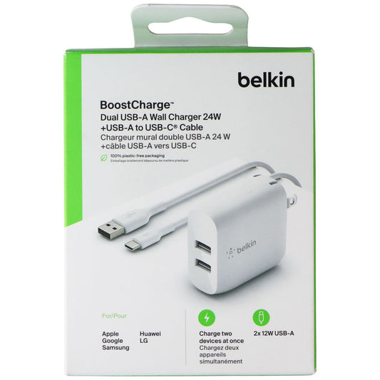 Belkin Dual USB-A Wall Charger (24W) + USB-A to USB-C Cable - White Cell Phone - Chargers & Cradles Belkin    - Simple Cell Bulk Wholesale Pricing - USA Seller