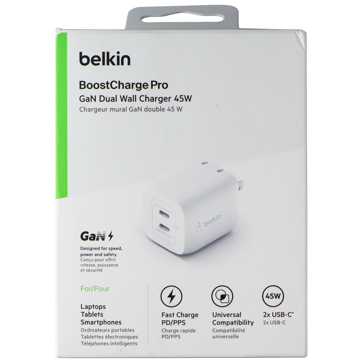 Belkin BoostCharge Pro GaN Dual USB-C Wall Charger 45W - White Parts & Accessories - Chargers & Cradles Belkin    - Simple Cell Bulk Wholesale Pricing - USA Seller