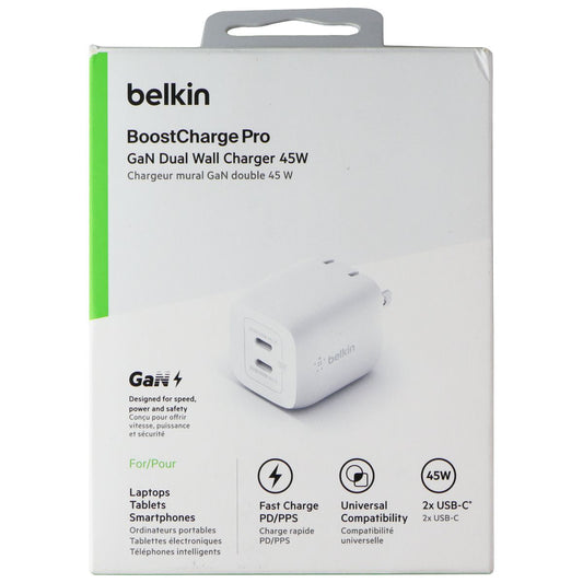 Belkin BoostCharge Pro GaN Dual USB-C Wall Charger 45W - White Parts & Accessories - Chargers & Cradles Belkin    - Simple Cell Bulk Wholesale Pricing - USA Seller