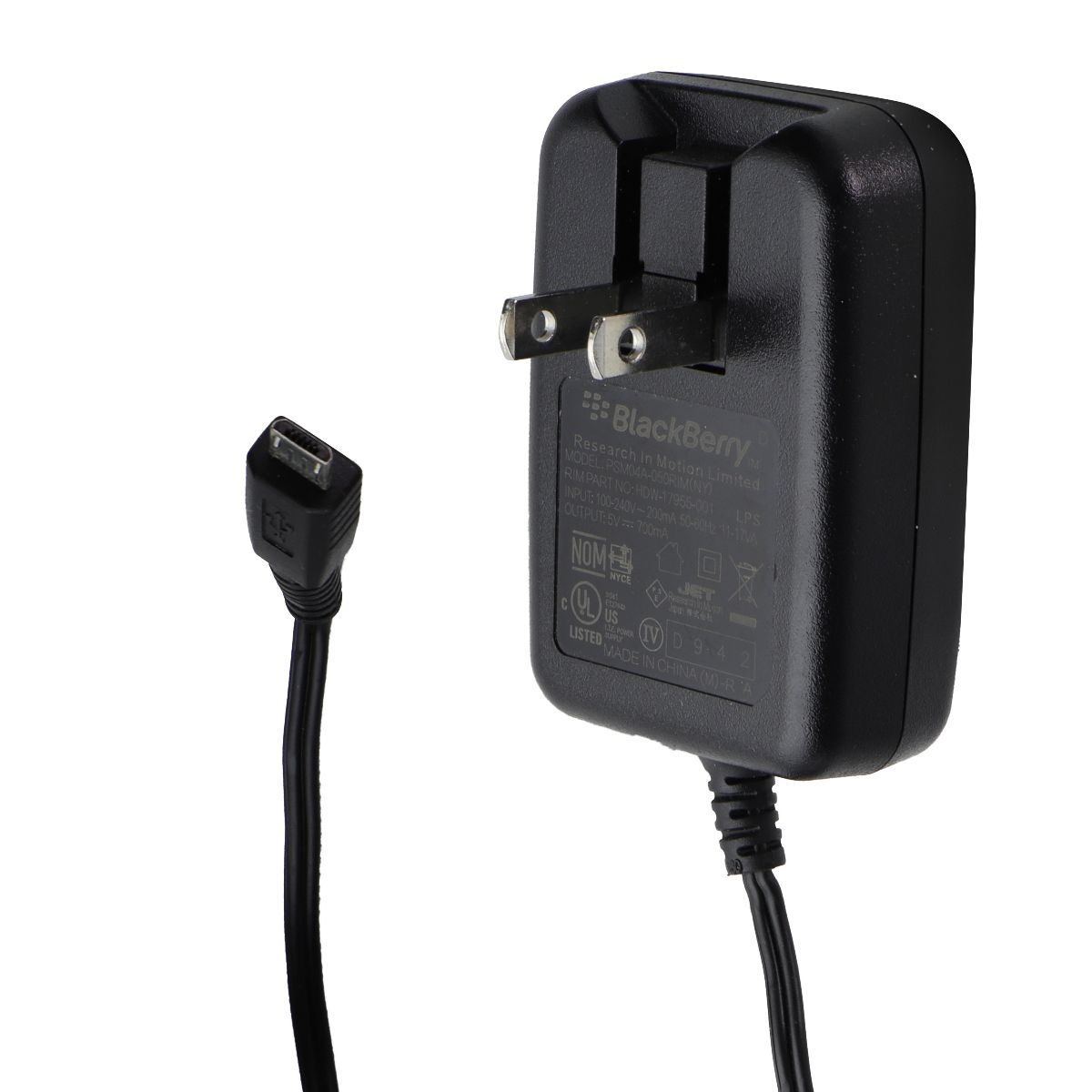 BlackBerry OEM (5V/700mA) Micro-USB Corded Wall Charger - Black (PSM04A-050RIM) Cell Phone - Chargers & Cradles Blackberry - Simple Cell Bulk Wholesale Pricing - USA Seller
