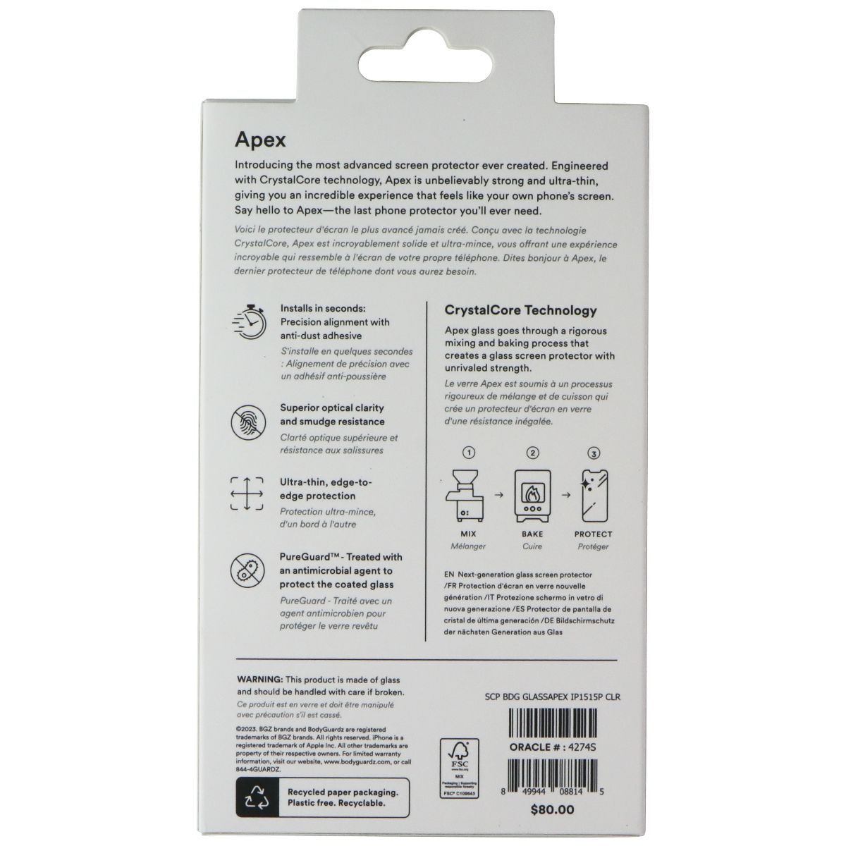 BodyGuardz Apex Screen Protector for Apple iPhone 15 / iPhone 15 Pro Cell Phone - Screen Protectors BODYGUARDZ - Simple Cell Bulk Wholesale Pricing - USA Seller