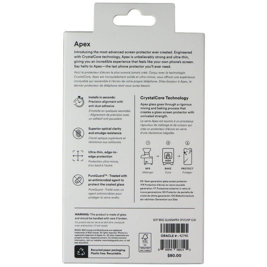 BodyGuardz Apex Screen Protector for Apple iPhone 15 / iPhone 15 Pro Cell Phone - Screen Protectors BODYGUARDZ - Simple Cell Bulk Wholesale Pricing - USA Seller