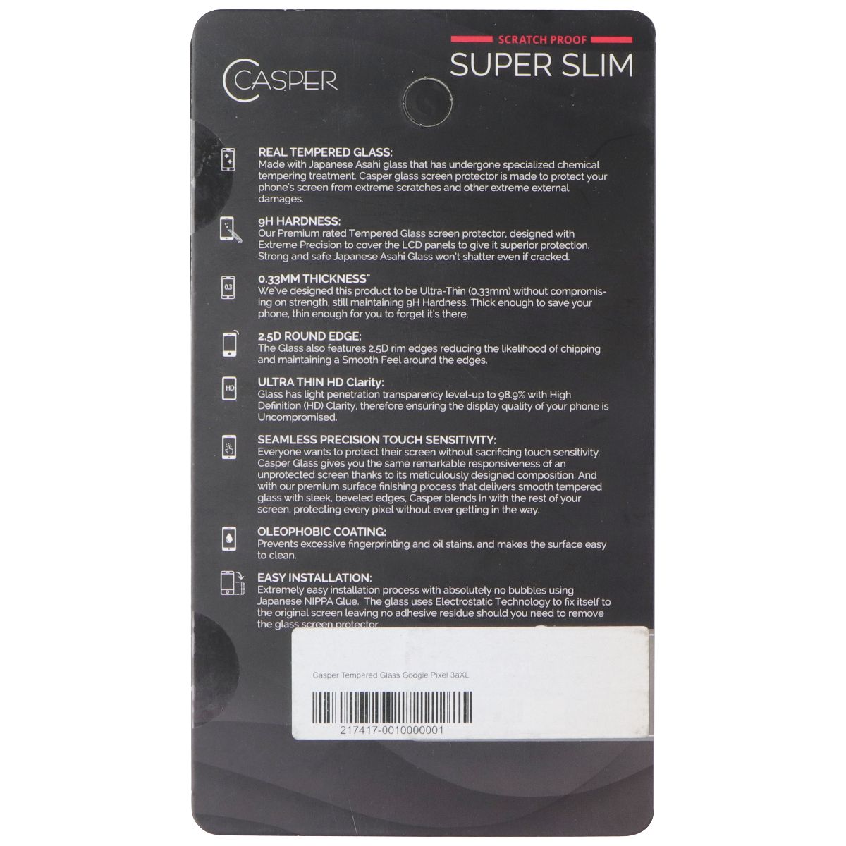 Casper Premium Ultra Thin 9H Tempered Glass for Google Pixel 3a XL Smartphone Cell Phone - Screen Protectors Casper - Simple Cell Bulk Wholesale Pricing - USA Seller
