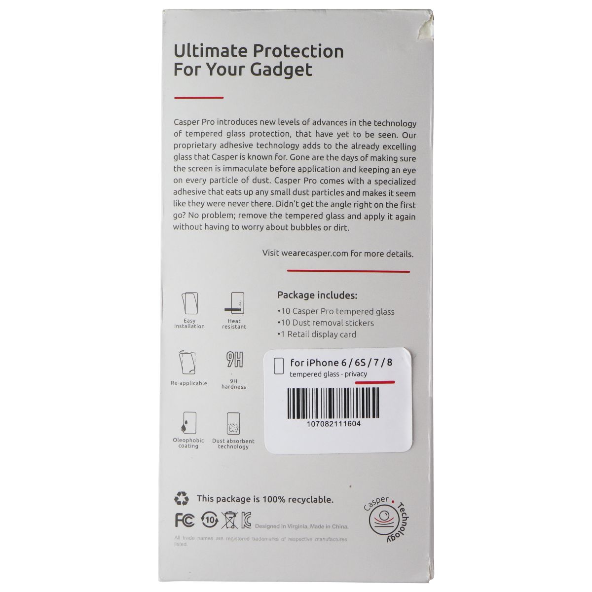 Casper Pro Tempered Glass (10 Pack) for Apple iPhone 6 / 6S / 7 / 8 Cell Phone - Screen Protectors Casper    - Simple Cell Bulk Wholesale Pricing - USA Seller