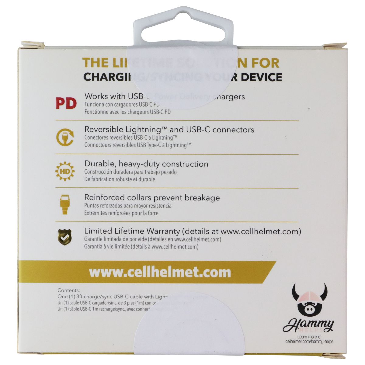 CellHelmet 3 Foot Lightning (8-pin) to USB-C Charge Cable - White