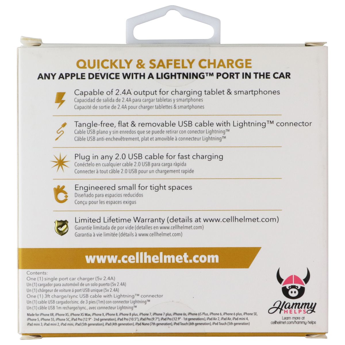 CellHelmet 2.4A/12W Car Charger with USB / Lightning (8-Pin) Cable- White