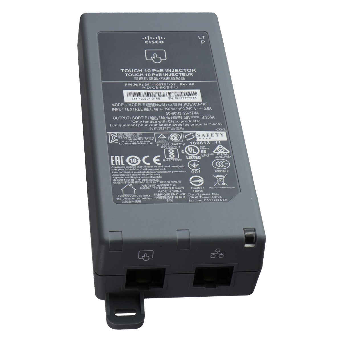 Cisco Touch 10 PoE Injector 56V/.285A (POE16U-1AF) - Brick Only Multipurpose Batteries & Power - Multipurpose AC to DC Adapters Cisco - Simple Cell Bulk Wholesale Pricing - USA Seller