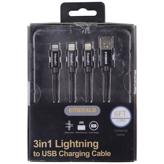Emerald 6-Foot Braided 3-in-1 Lightning 8-Pin to USB-A Charging Cable - Black