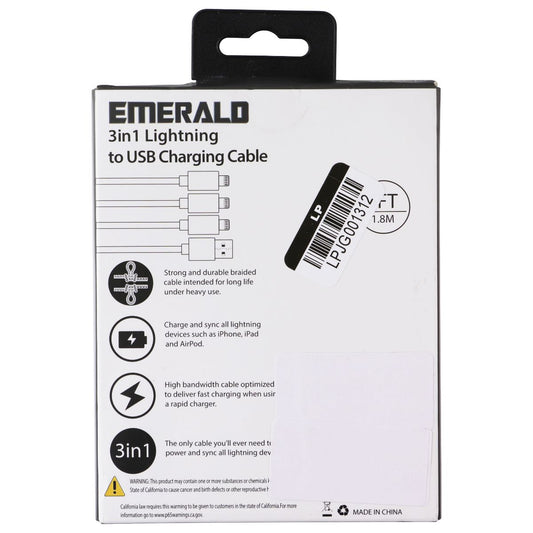 Emerald 6-Foot Braided 3-in-1 Lightning 8-Pin to USB-A Charging Cable - Black