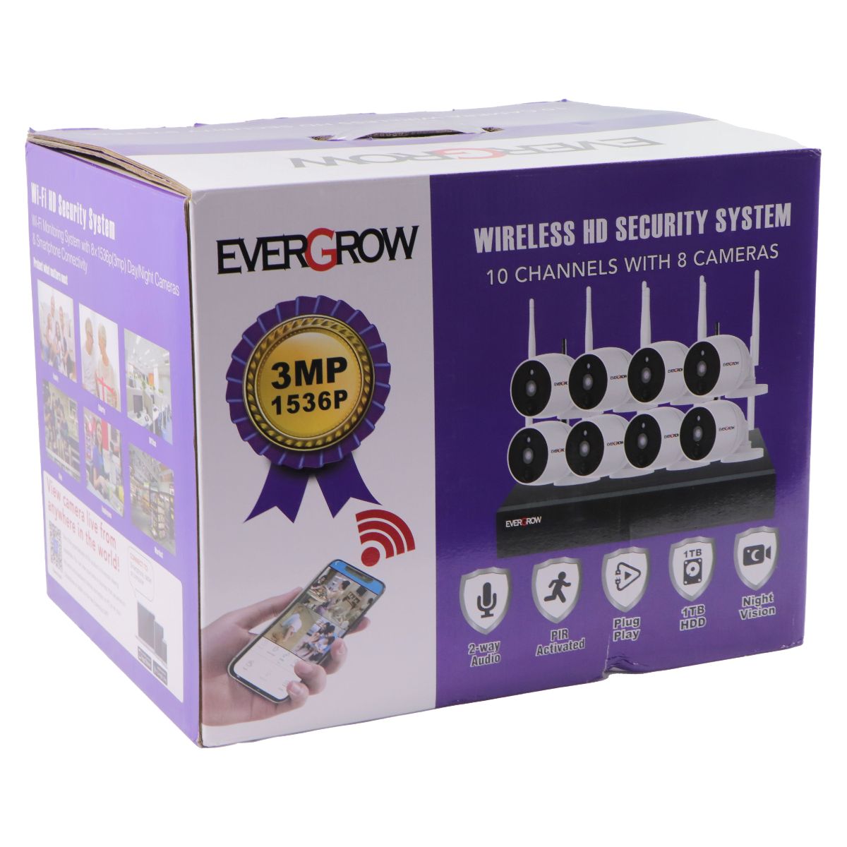 EVERGROW Wireless HD Security System - 10 Channels with 8 Cameras (EVGNVRAD3MP8) Home Security - Security Systems EVERGROW - Simple Cell Bulk Wholesale Pricing - USA Seller